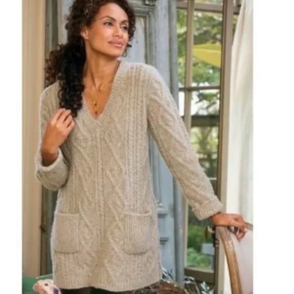 Soft Surroundings Chunky Cable Knit Tan Wool Cashmere Tunic Sweater - Small